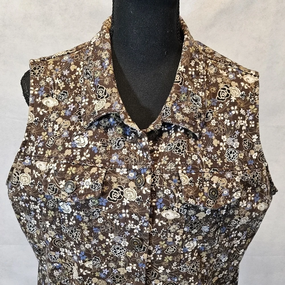 Christopher & Banks Brown Blue Floral Button Up Vest 100% Cotton Size XL - Picture 2 of 8